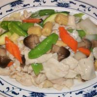 Moo Goo Gai Pan · A twist on the classic chicken and vegetables with added mushrooms and tender white meat chi...