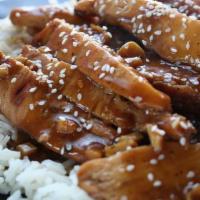 Teriyaki Chicken · A delicious classic: chicken stir-fried in an teriyaki sauce, served with a side of yum.