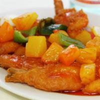 Sweet and Sour Shrimp · Cooked with or incorporating both sugar and a sour substance. Shell fish.