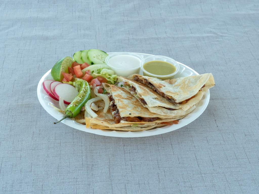 Quesadilla · Flour tortilla with cheese, meat, red onions, cilantro, lettuce, and hot or mild salsa. Sour cream and extra salsa on the side.