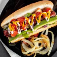 Bacon Dog · Hot dog wrapped with bacon topped with red onions, cilantro, tomato, avocado, grilled onions...