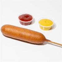 Classic Corn Dog · Jumbo frank on a stick hand dipped in house made corn batter. (Vegan)
