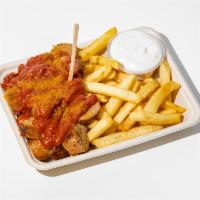 Currywurst · Grilled bratwurst cut into bite-size chunks, smothered in curry ketchup, topped with curry p...