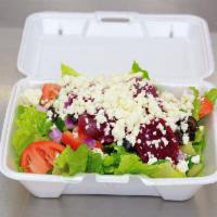 Greek Salad · Romaine lettuce, cucumbers, tomato, red onion, beets, olives and feta cheese.