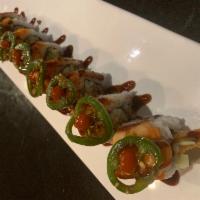 Banzai Roll · Shrimp tempura, Cucumber, Avocado, Spicy Salmon, Garlic sauteed jalapeno, Eel sauce, Sriracha