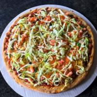 Taco Specialty Pizza · Ground beef, cheddar, lettuce, tomato, black olives, and jalapenos.