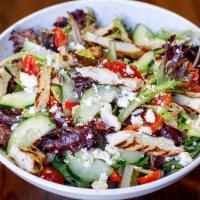 Paisans Salad · Chicken, Feta cheese, roasted red peppers, roasted tomatoes, cucumber, and Kalamata olives. ...