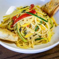 Luigi's Linguini · Zucchini, yellow squash, roasted red peppers, and basil with garlic, olive oil, and crushed ...