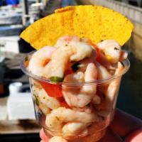 Shrimp Ceviche · Our house-made Shrimp Ceviche is fresh & flavorful! Served with Tapatio and tostadas.