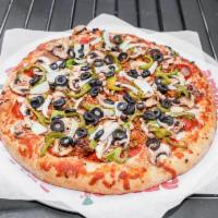 Deluxe Pizza · Pepperoni, sausage, meatballs, mushrooms, bell peppers, onions and black olives.