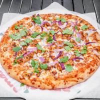 BBQ Chicken Pizza · BBQ sauce, chicken breast, red onions, mozzarella cheese and fresh cilantro.