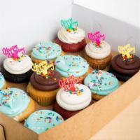 Happy Birthday Dozen Box · A collection of 6 of our cake batter center-filled cupcakes and 6 of our classic 