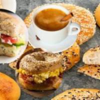 Combo Famous Bagel & Drink (Great Deal) · Toasted Bagel (Plain, Sesame, Everything,  or Jalapeño) with Egg & Cheese,  choice of Bacon,...