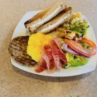 American Breakfast (Big Portion) · Wheat Toast, Egg, Cheddar Cheese, Fresh Avocado, Veggie, Salad,
Sausage & Bacon
