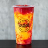 Sunset Passion · Fresh Strawberry swirled in Passion fruit & Mango slush to coast into the sunset with