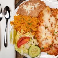 Enchiladas · 3 cheese enchiladas served with sour cream, Spanish rice and refried beans. Flour or corn to...