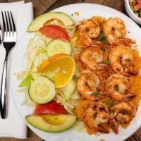 Grilled Garlic Shrimp · 8 large gulf shrimp grilled to perfection, topped with fresh garlic and served with Spanish ...