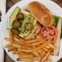 Maravela's Gourmet Burger · Chipotle mayo, grilled onions, jalapenos, avocado, pepper jack and cheddar cheese.
