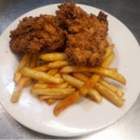 Hand-Breaded Chicken Tenders · All-natural, free roam, antibiotic-free, Amish chicken strips with fries and your choice of ...