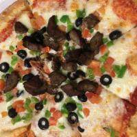 13. Mixed Veggie Pizza · Our fresh from scratch pizza dough, homemade pizza sauce, bell pepper, onion, tomato and bla...