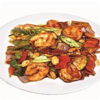 84. Kung Pao Shrimp · Contains peanuts. Hot spicy & jalapeno.