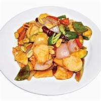 87. Kung Pao Scallops · Contains peanuts. Hot spicy & jalapeno.