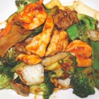 111. Triple Delights Special · House specialty, combination of chicken, beef & shrimp mixed with broccoli, snow peas, zucch...