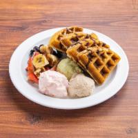 Macchiato Sundae Waffle · Strawberries, bananas, blueberries paired with 3 scoop of ice cream topped with whipped crea...