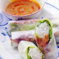 Grilled Chicken Fresh Roll · (2 pieces). Filled with vermicelli noodles, lettuce, basil and served with peanut dipping sa...