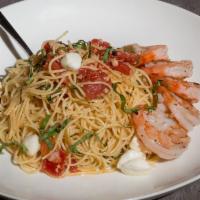 Shrimp and Angel Hair Pasta · plum tomato | basil | fresh mozz | garlic wine broth