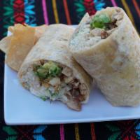 Burrito Supreme · Choice of meat, served with rice and beans, onion, cilantro, wet in spicy salsa, cheese, sou...
