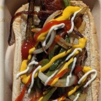 La Street Dog · Bacon wrapped all beef hotdog, grilled peppers & onions, mayo, ketchup, mustard, Sriracha.
