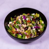 Greek Salad · Romaine lettuce with tomatoes, cucumbers topped with feta cheese and olive, served with lemo...