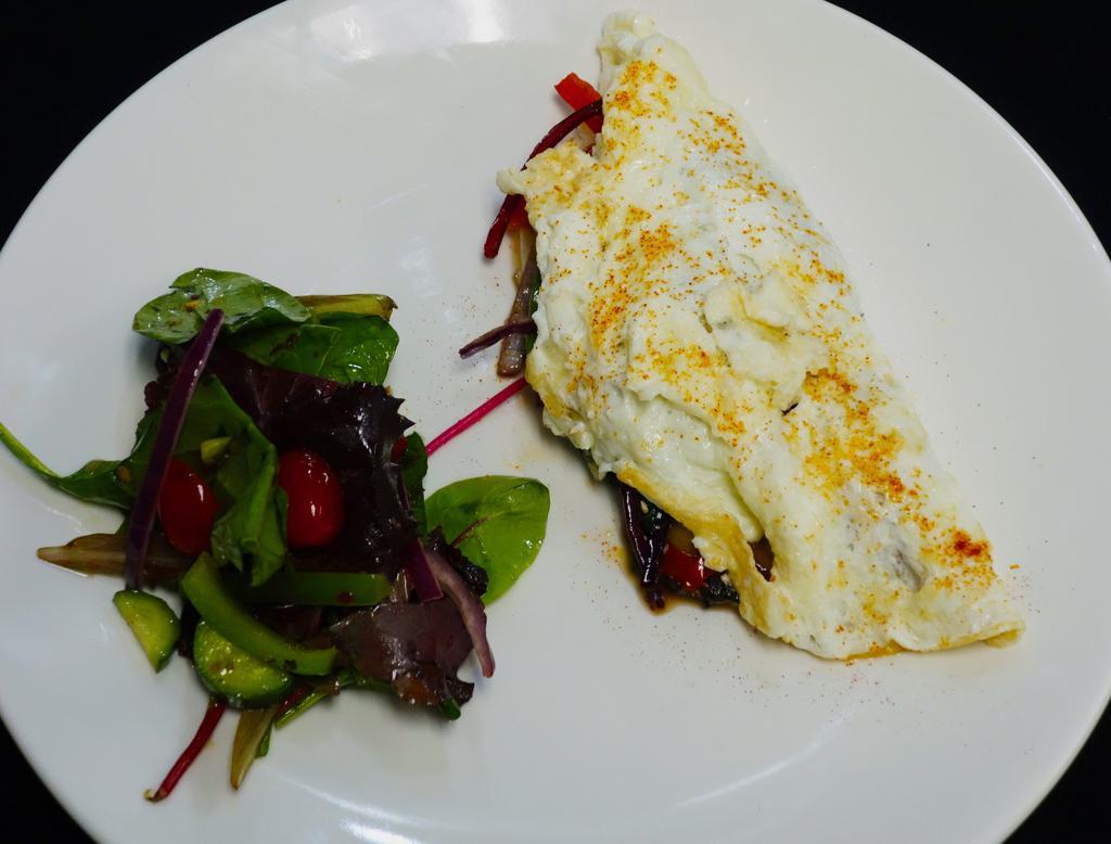 Greek Omelette  · Sautéed Veggies Mix with Onion, Peppers, Grape Tomato, Greens and Herbs. Wrapped in a Greek Omelette 