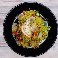 Brussels Spring Salad · Brussels sprouts, onions, red peppers, chery tomato, red radish, herbs and greens, apple sli...