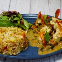 Sauteed Prawns Plate · Tiger prawns, home made prawn sauce, fried jasmine rice, spring salad.