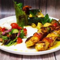 Keto Chicken Kebab · 2 chicken skewers, spring salad, grilled veggies.