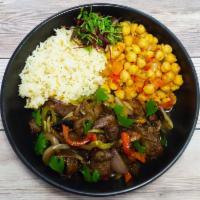 Fajitas Beef Bowl · Beef fajitas, carbanzo stew, rice or spring salad.