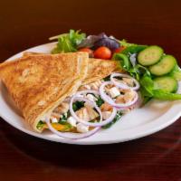 Florentine Crepe · Spinach, onion, feta cheese, cheddar cheese and chicken or turkey.