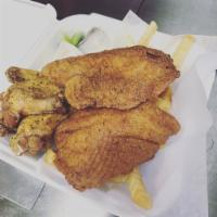 Fish and Wings Combo · Served with 2 pieces fish, 5 pieces wings, fries and drink.