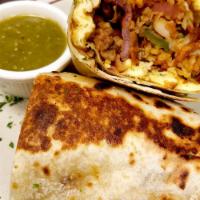 Loco Burrito Lunch  · Bacon or chorizo, hash browns, scrambled egg, grilled jalapeno, frijoles charros, rice, pint...