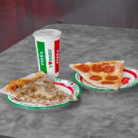Combo 4 · 2 cheese slices with 1 topping and 21 oz. drink. Toppings pepperoni, sausage, mushrooms, bac...