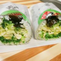 9. Veg Sushi Burrito · Sushi rice, seaweed salad, yellow pickled radish, lettuce, avocado, mushroom, red ginger, cu...