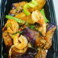 18. Eggplant Shrimp · Stir-fried Shrimp with eggplant black bean pepper sauce. Spicy.