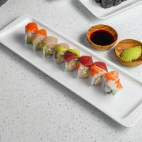 Rainbow Roll · Assorted fresh fish on top of real crab meat, avocado, sushi rice, seaweed.