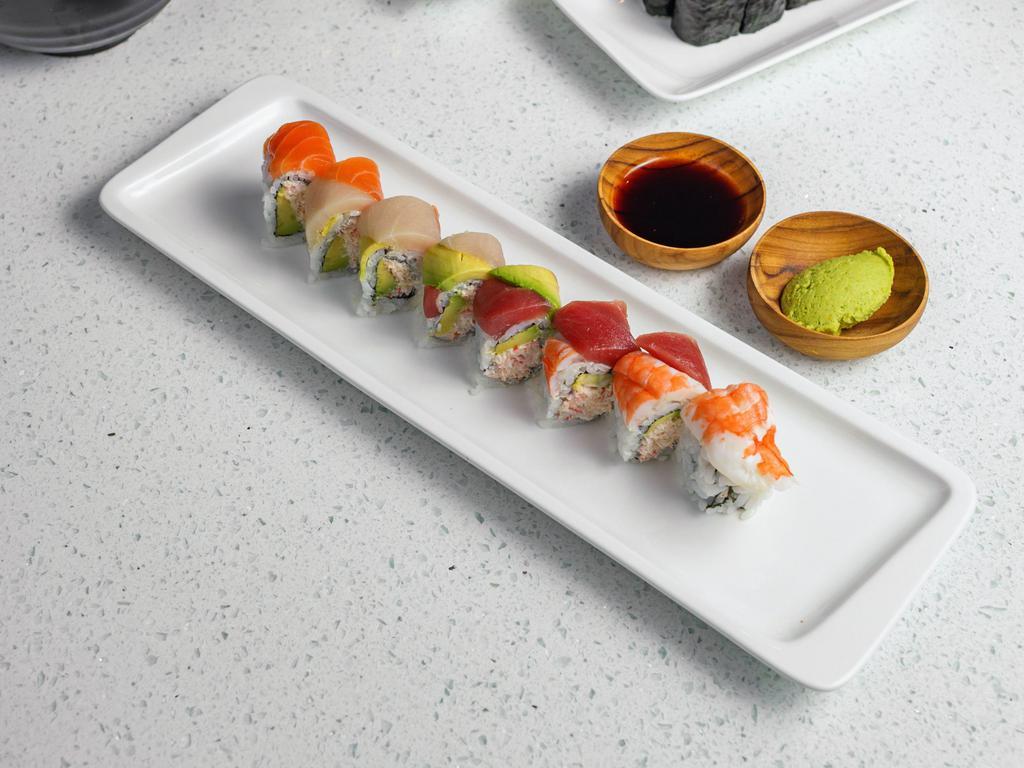 Rainbow Roll · Assorted fresh fish on top of real crab meat, avocado, sushi rice, seaweed.