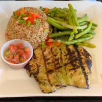 Churrasco de Pollo · Tender chicken breast marinated in cilantro, peppers, garlic, and onions served with 2 sides.