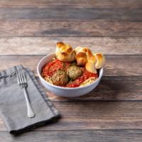 Spaghetti with Meatballs · Served with garlic bread.