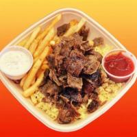 Gyro with Rice · Halal lamb and beef, Mediterranean rice, french fries, ketchup.