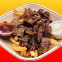 Gyro over Fries · Halal lamb and beef, french fries, ketchup.